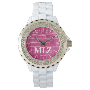 Make Custom Monogram Hot Pink Faux Crocodile Watch