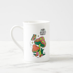 Make Dreams Happen Colorful Mushrooms Butterfly Bone China Mug