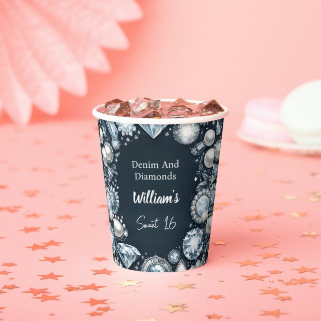 Make Elegant Gem Bling Denim And Diamonds Sweet 16 Paper Cups (Insitu)
