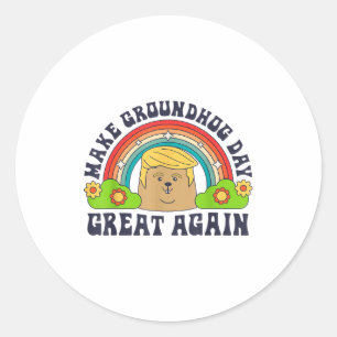 Make Groundhog Day Great Again Funny Trump Rainbow Classic Round Sticker