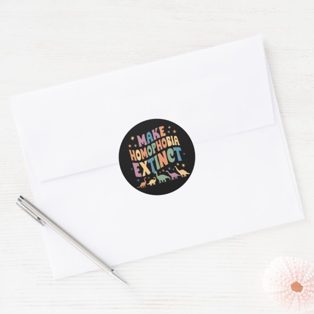 Make Homophobia Extinct Dinosaur Pride LGBTQ Classic Round Sticker (Envelope)