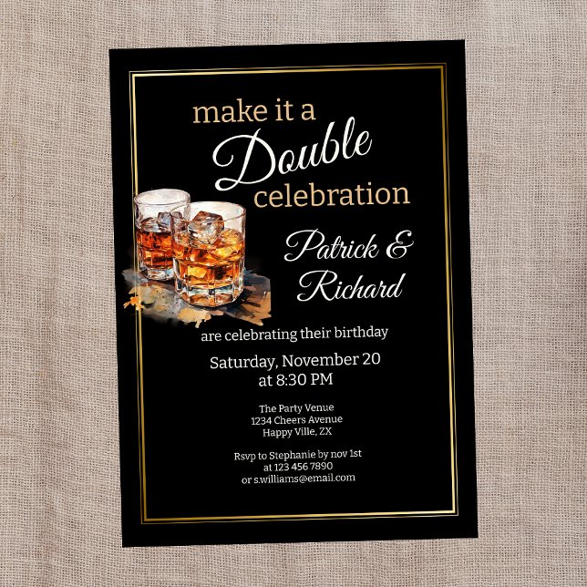 Make it a Double Celebration Black Whiskey Glass Invitation (Creator Uploaded)