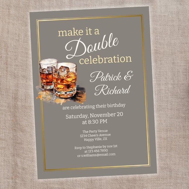 Make it a Double Celebration Grey Whiskey Glass Invitation (Creator Uploaded)