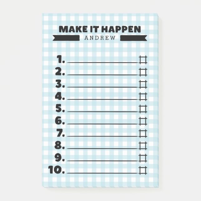 Make It Happen Blue Gingham To Do List Post-it Notes (Front)