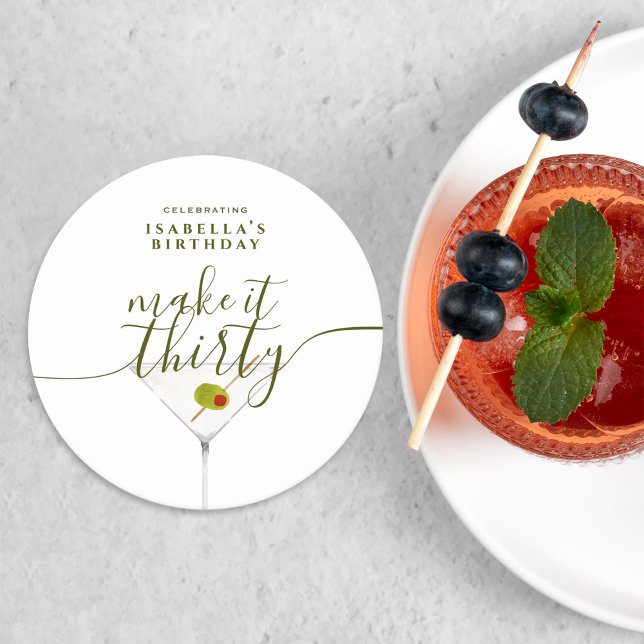 Make It Thirty Olive Martini 30th Birthday Party Round Paper Coaster (Creator Uploaded)