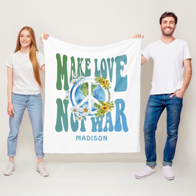 Make Love Not War Floral World Peace Sign Add Name Fleece Blanket (In Situ)