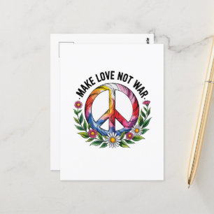 Make Love Not War Peace Sign and Cute Flowers Postcard