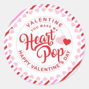 Make My Heart Pop Valentine Pink and Red Stripe Classic Round Sticker
