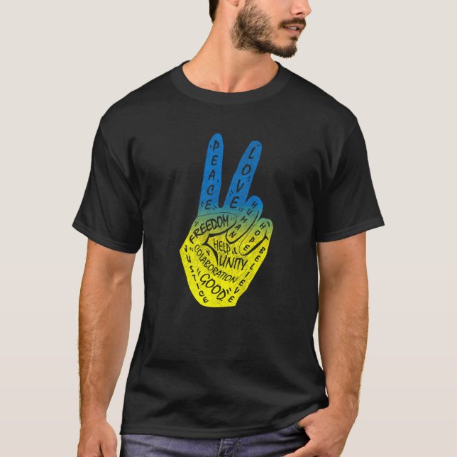 Make Peace Not War  Peace Hand Sign Blue Yellow T-Shirt (Front)