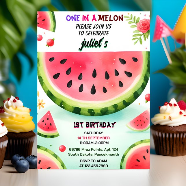 make pink summer one in a melon first 1st birthday invitation (Creator Uploaded)