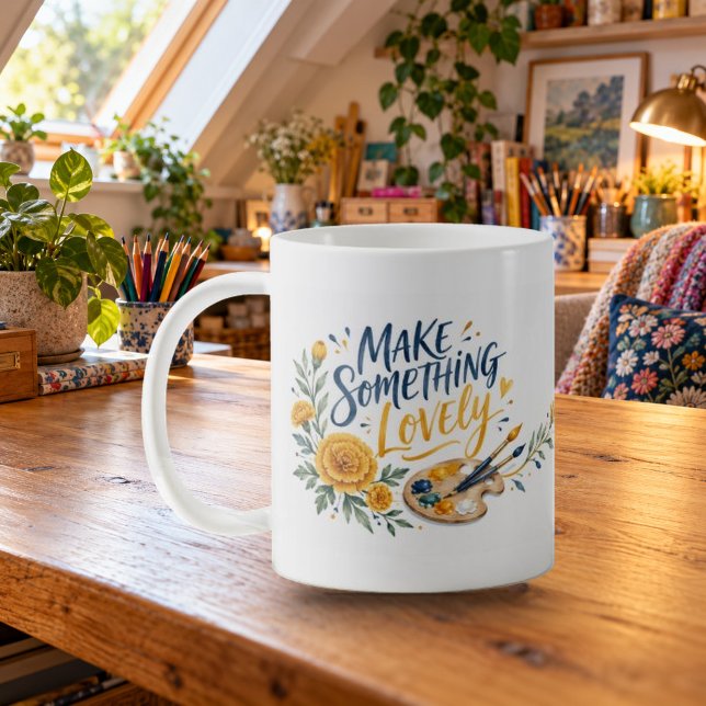 Make Something Lovely Brush Script Mug (Make Something Lovely Brush Script Mug — refined lighting and contact shadows. Digital lifestyle preview.)