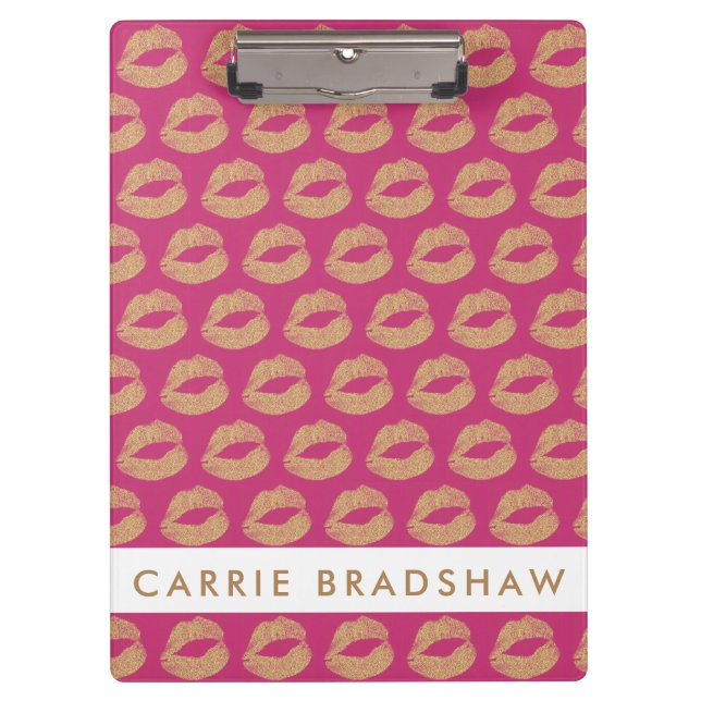 Make Up Gold Glitter Lips Pink Personalize Name Clipboard (Front)