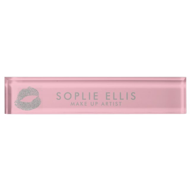 Make Up Silver Glitter Lips Pink Personalize Name Nameplate (Front)