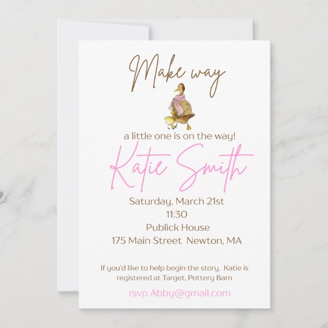 Make Way for Duckling Baby Shower Girl Invitation (Front)