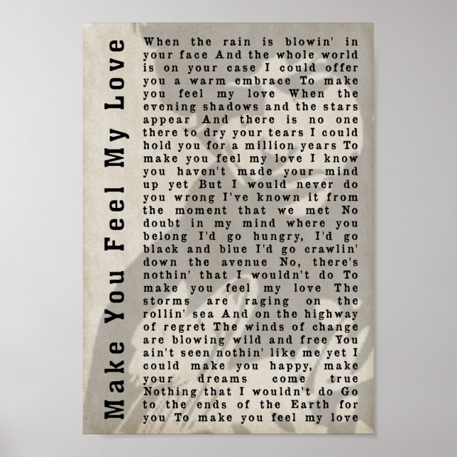 Make You Feel My Love Shadow Song Lyric Print (Front)