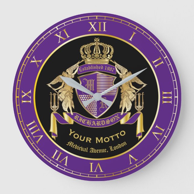 Make Your Coat of Arms Gold Angel Purple Emblem Large Clock (Front)