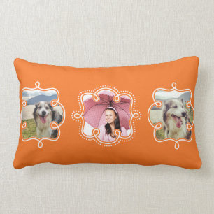 Make Your Own Bright Orange 3 Instagram Photos Lumbar Cushion