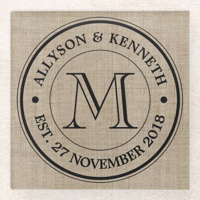 Make Your Own Burlap Retro Logo Monogram Glass Coaster (Front)