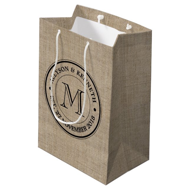 Make Your Own Burlap Retro Logo Monogram Medium Gift Bag (Back Angled)