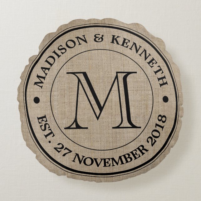 Make Your Own Burlap Retro Logo Monogram Round Cushion (Front)