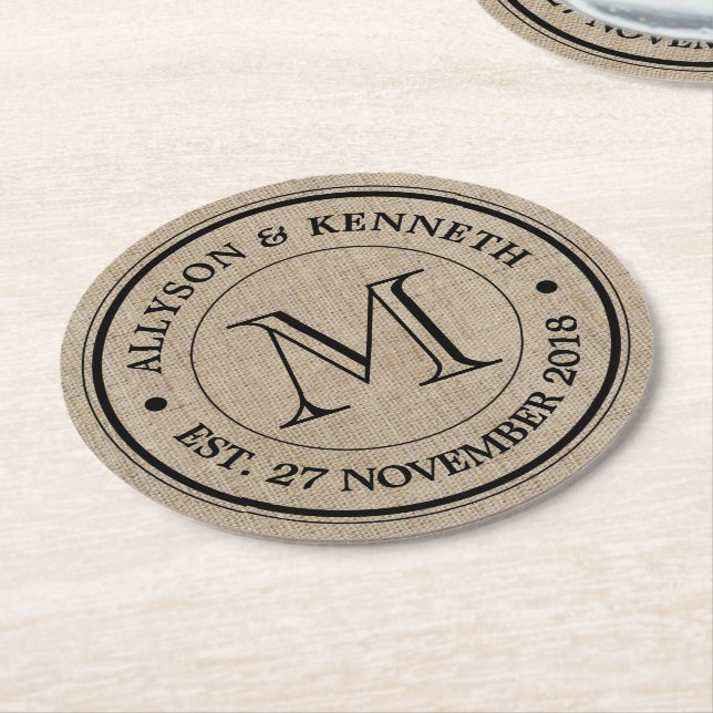 Make Your Own Burlap Retro Logo Monogram Round Paper Coaster (Angled)