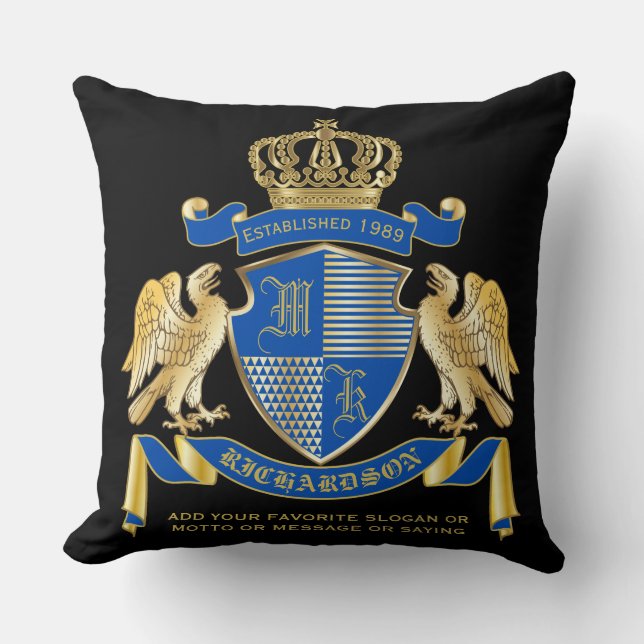 Make Your Own Coat of Arms Blue Gold Eagle Emblem Cushion (Front)