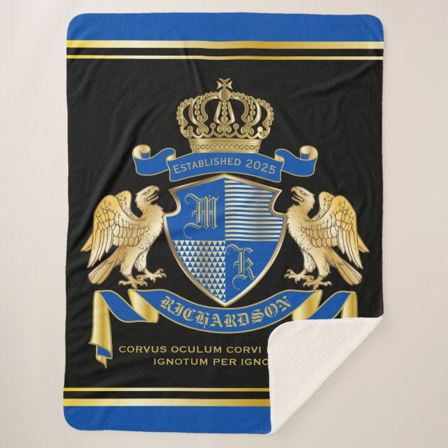 Make Your Own Coat of Arms Blue Gold Eagle Emblem Sherpa Blanket (Front)
