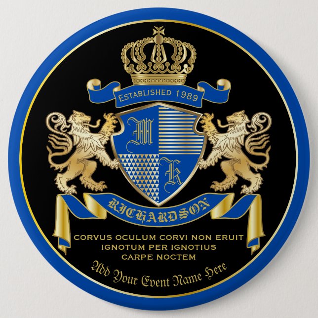 Make Your Own Coat of Arms Blue Gold Lion Emblem 6 Cm Round Badge (Front)
