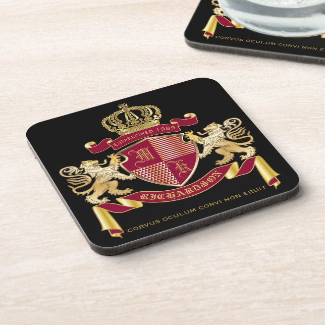 Make Your Own Coat of Arms Blue Gold Lion Emblem Coaster (Left Side)