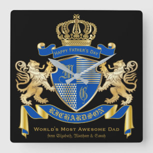 Make Your Own Coat of Arms Blue Gold Lion Emblem Square Wall Clock