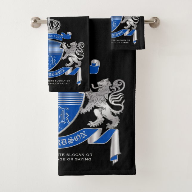 Make Your Own Coat of Arms Blue Silver Lion Emblem Bath Towel Set (Insitu)