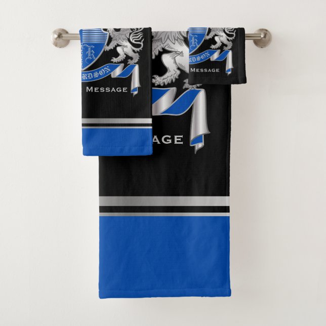 Make Your Own Coat of Arms Blue Silver Lion Emblem Bath Towel Set (Insitu)