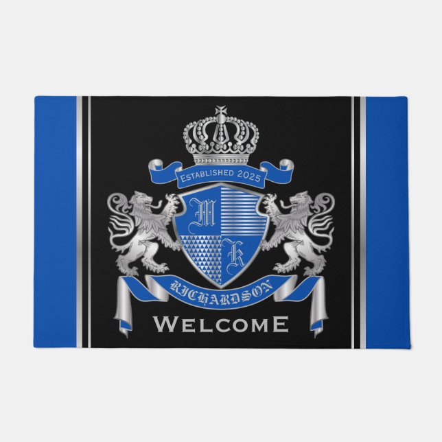 Make Your Own Coat of Arms Blue Silver Lion Emblem Doormat (Front)