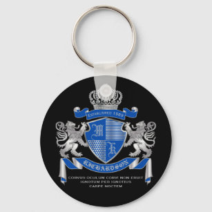 Make Your Own Coat of Arms Blue Silver Lion Emblem Key Ring