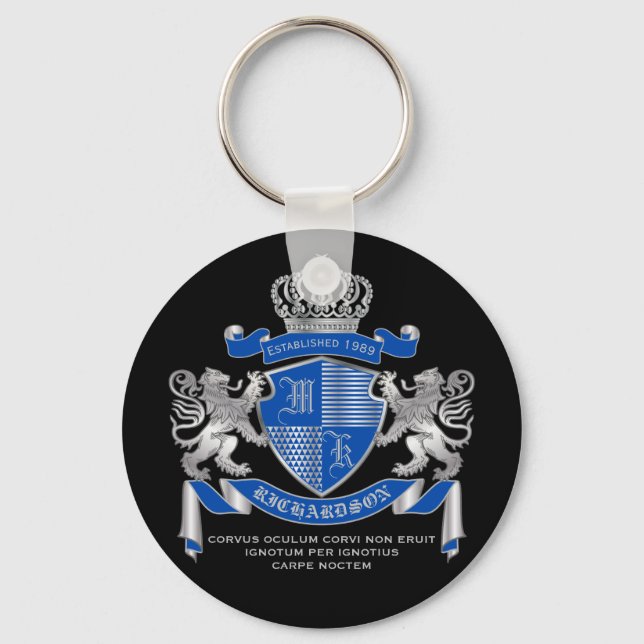 Make Your Own Coat of Arms Blue Silver Lion Emblem Key Ring (Front)