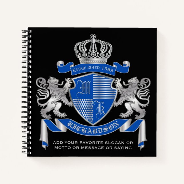 Make Your Own Coat of Arms Blue Silver Lion Emblem Notebook (Front)