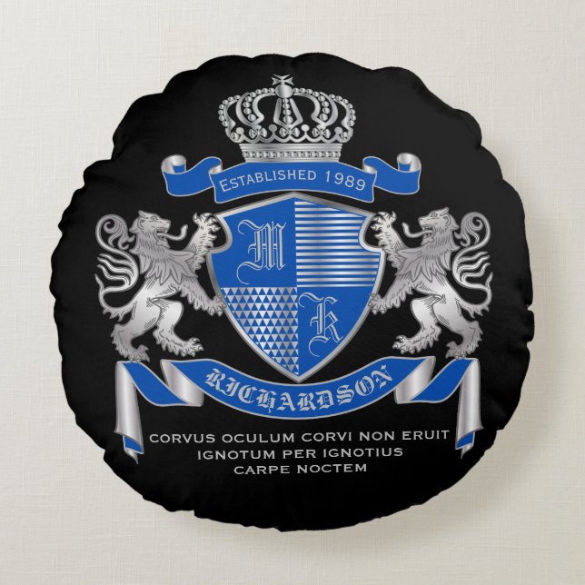 Make Your Own Coat of Arms Blue Silver Lion Emblem Round Cushion (Front)