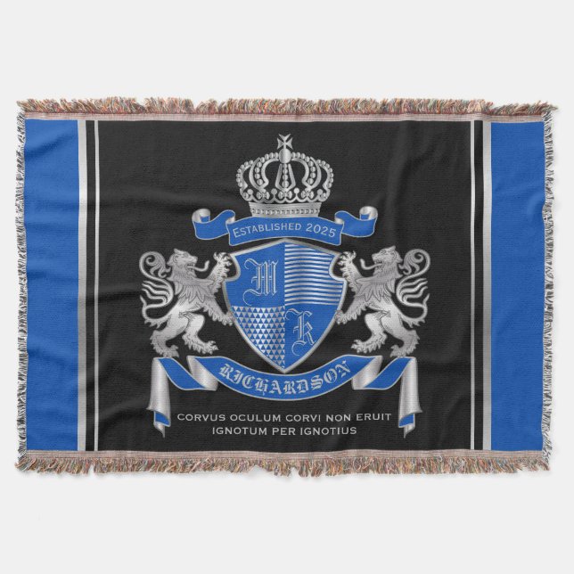 Make Your Own Coat of Arms Blue Silver Lion Emblem Throw Blanket (Front)
