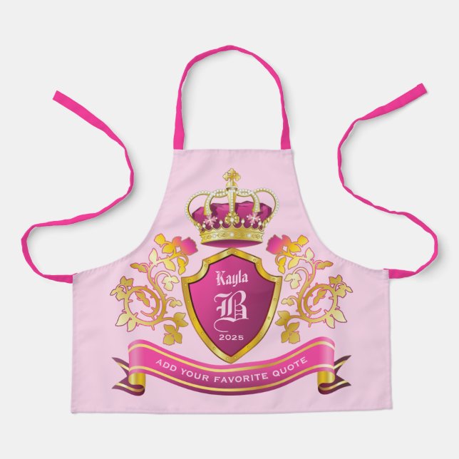 Make Your Own Coat of Arms Gold Crown Pearls Pink Apron (Front)