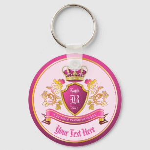 Make Your Own Coat of Arms Gold Crown Pearls Pink Key Ring