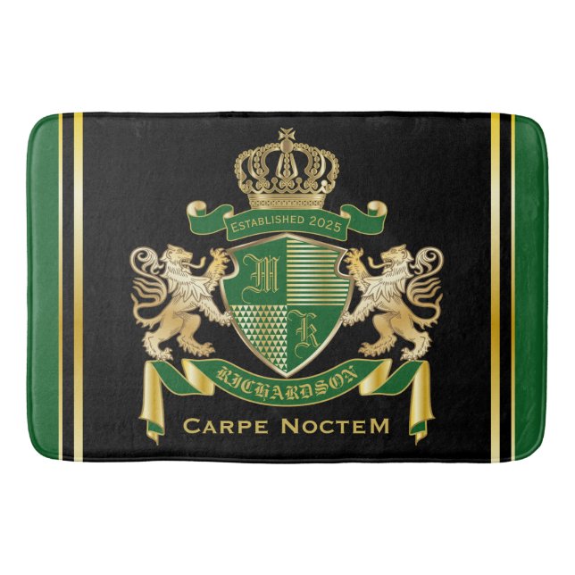 Make Your Own Coat of Arms Green Gold Lion Emblem Bath Mat (Front)