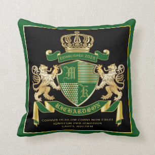 Make Your Own Coat of Arms Green Gold Lion Emblem Cushion