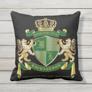Make Your Own Coat of Arms Green Gold Lion Emblem Cushion