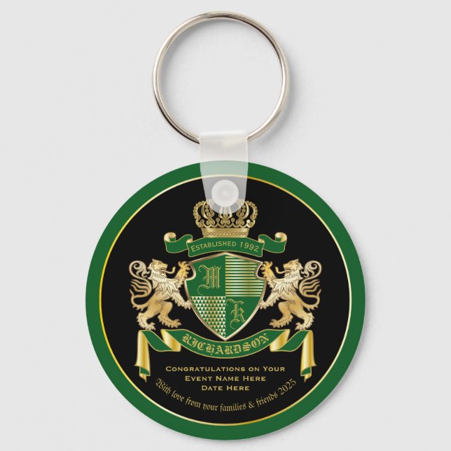Make Your Own Coat of Arms Green Gold Lion Emblem Key Ring (Front)