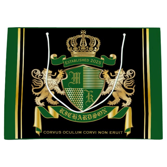 Make Your Own Coat of Arms Green Gold Lion Emblem Large Gift Bag (Front)