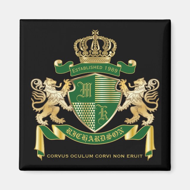 Make Your Own Coat of Arms Green Gold Lion Emblem Magnet (Front)