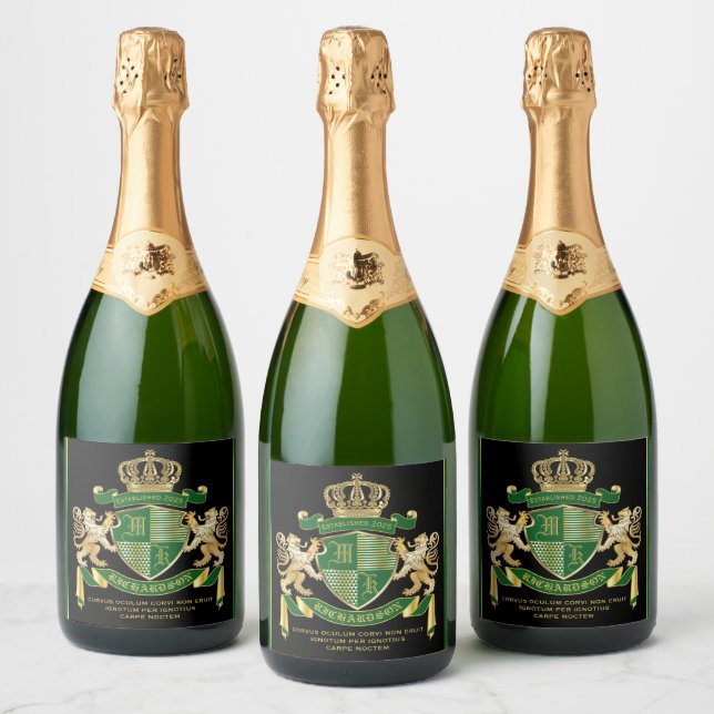 Make Your Own Coat of Arms Green Gold Lion Emblem Sparkling Wine Label (Bottles)