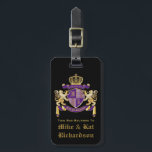 Make Your Own Coat of Arms Monogram Lion Emblem Luggage Tag<br><div class="desc">Create your very own Coat of Arms, Family Crest or Emblem with this beautiful, classic escutcheon or shield design. Royal purple stripes decorate a shield topped with golden crown and flanked by mediaeval heraldic lion or griffin. A matching top banner holds your custom wedding date / birth date / slogan...</div>
