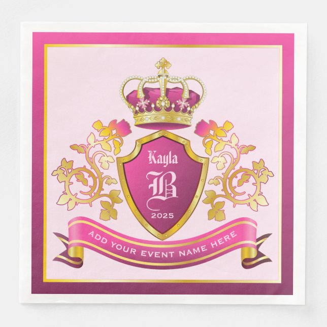 Make Your Own Coat of Arms Pink Gold Crown Pearls Napkin (Front)