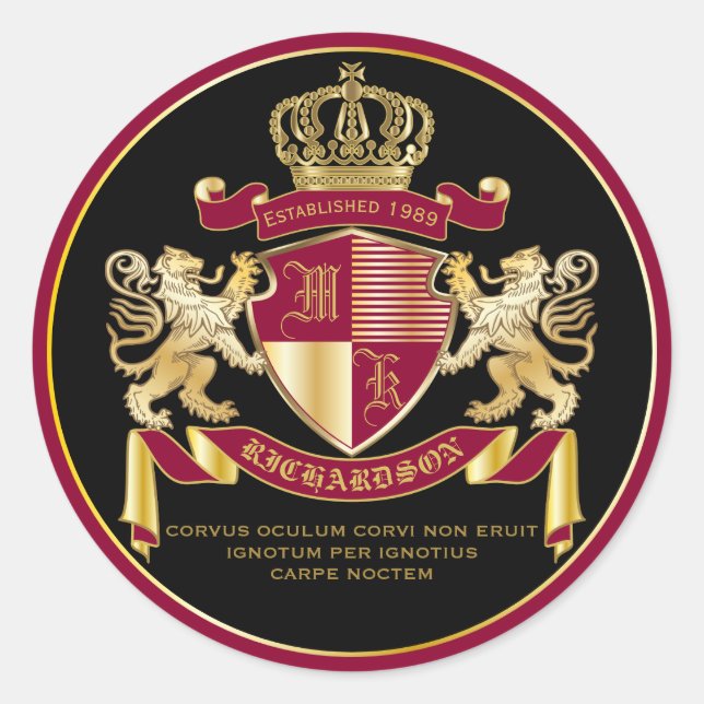 Make Your Own Coat of Arms Red Gold Lion Emblem Classic Round Sticker (Front)